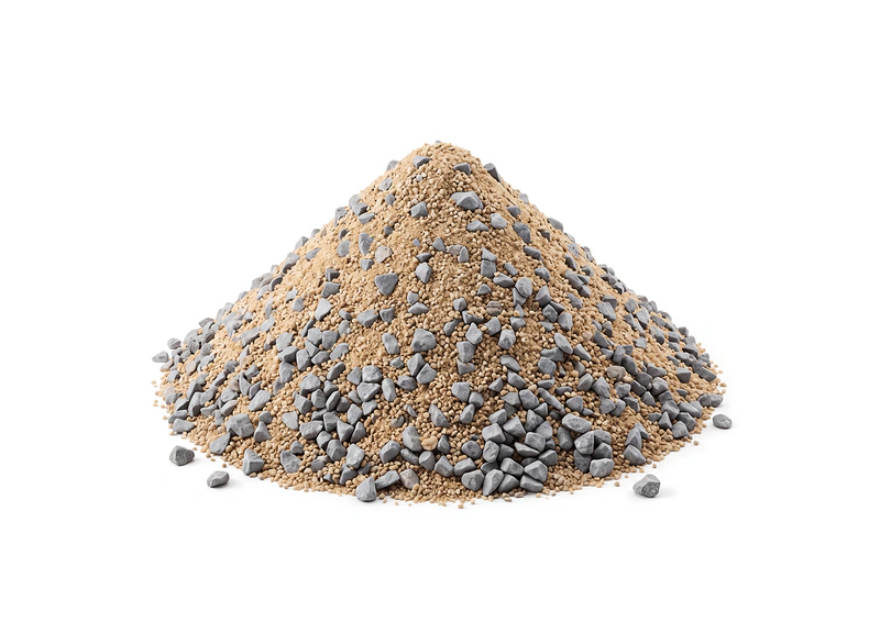 Tas de mélange à béton : sable ocre et gravette grise mêlés