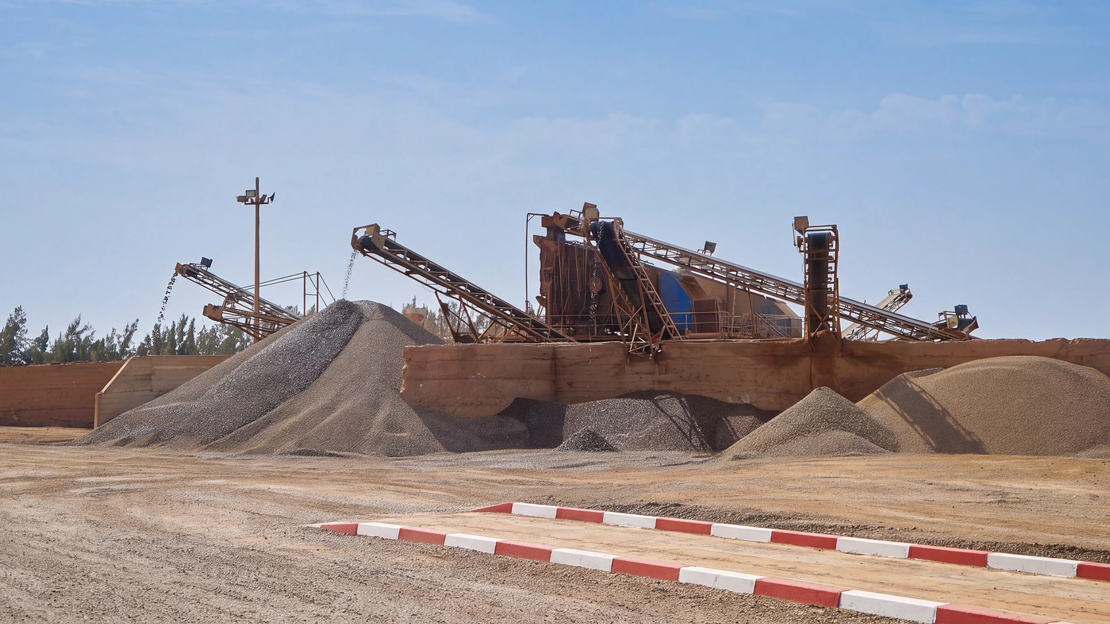 Station de concassage Agré Béton : convoyeurs et stocks de granulats