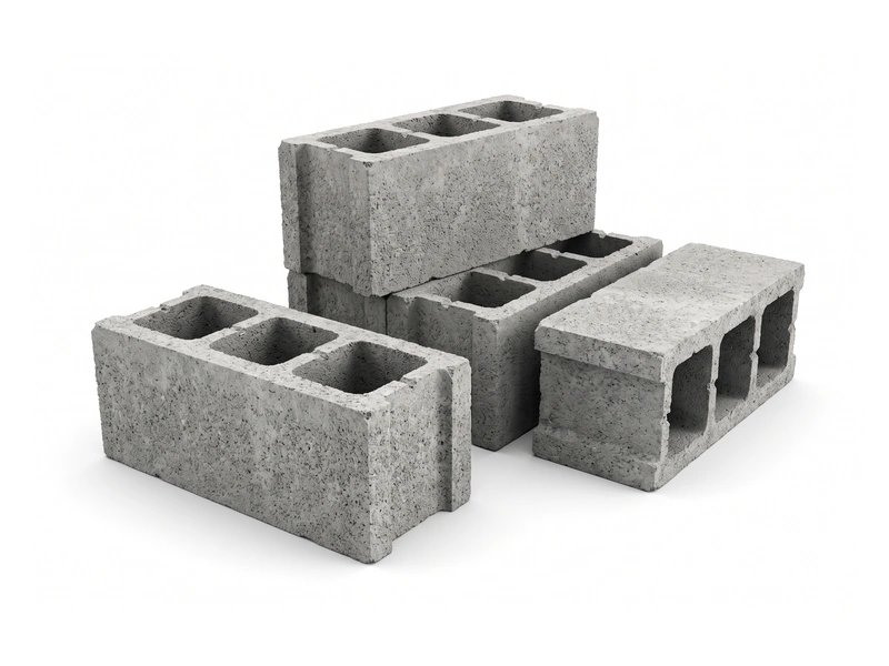 Quatre blocs creux en béton à trois alvéoles, posés et empilés