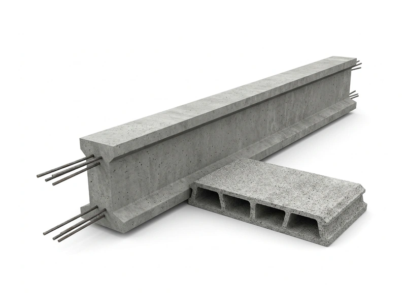 Poutrelle en béton précontraint, armatures apparentes, et entrevous en béton à alvéoles