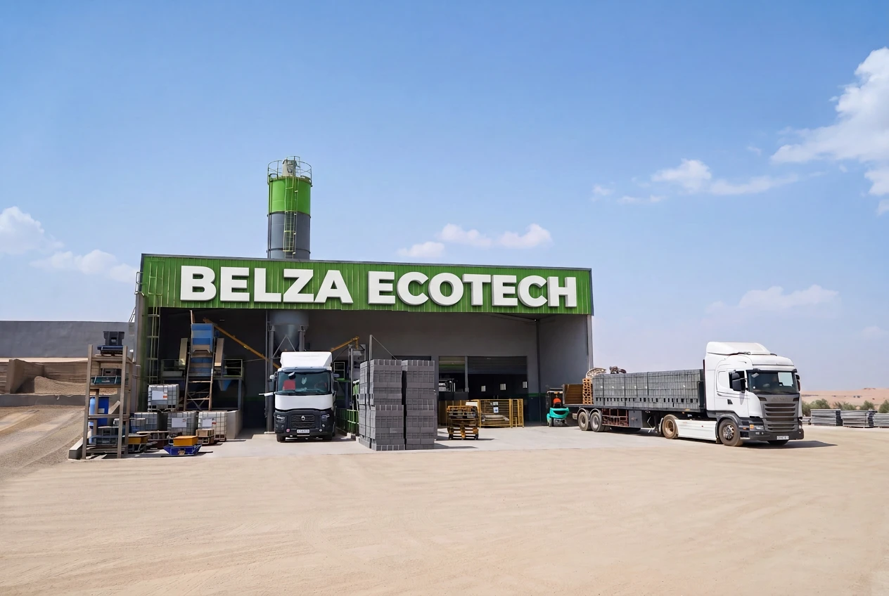 Usine Belza Ecotech : hall vert à l’enseigne Belza Ecotech, silo, palettes de blocs en béton et camions dans la cour