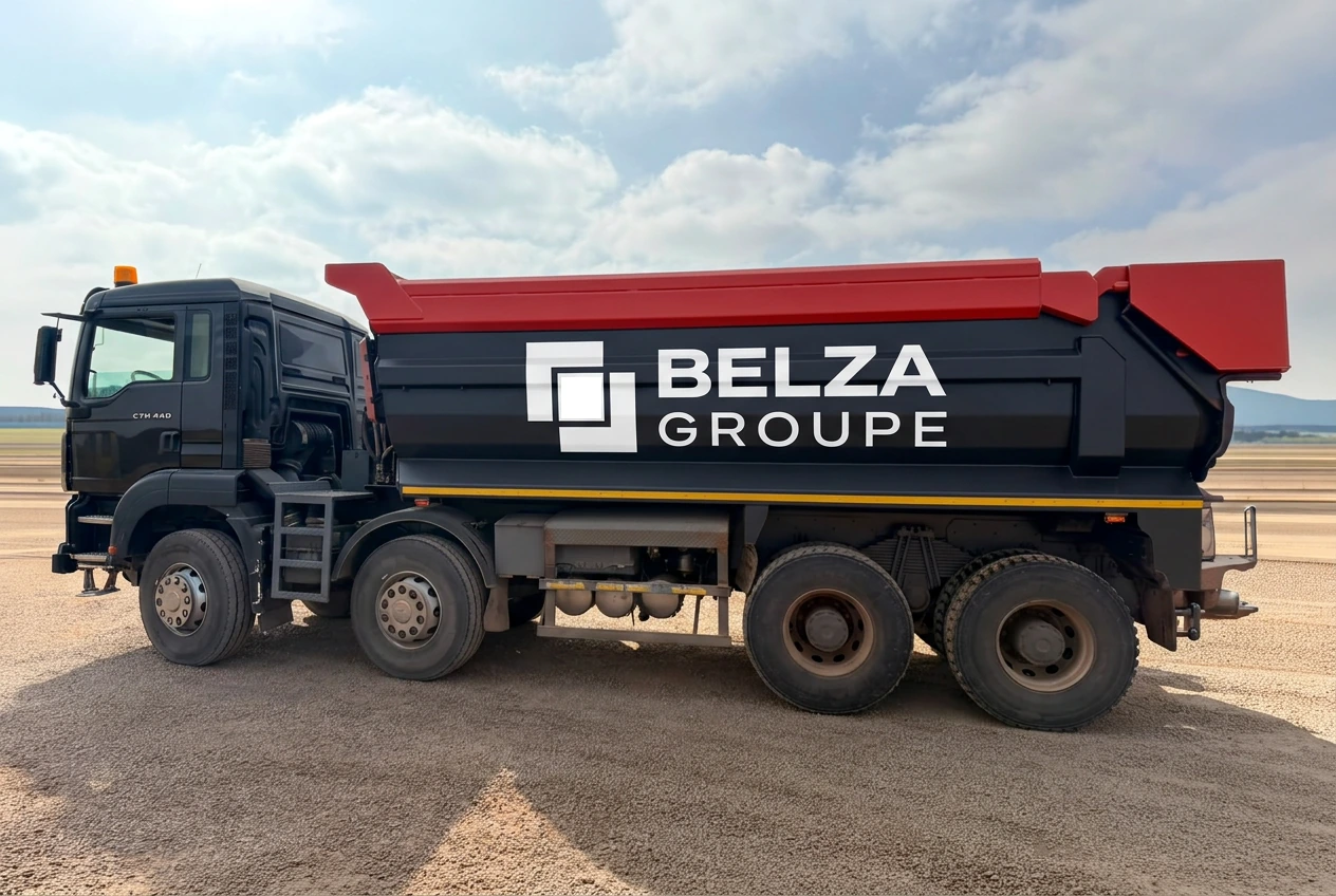 Camion benne noir et rouge au logo Belza Groupe, à l’arrêt sur un terrain en gravier