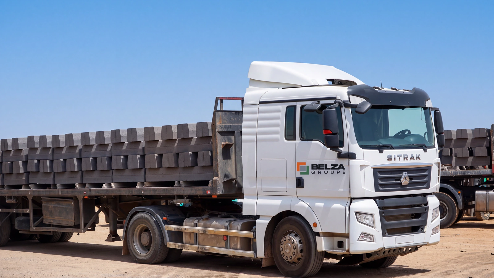 Tracteur routier au logo Belza Groupe et sa semi-remorque chargée d’éléments en béton