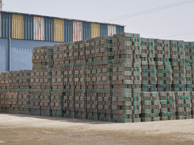 Piles d’agglos en béton cerclés sur palettes, devant un hall de l’usine Belza Préfa