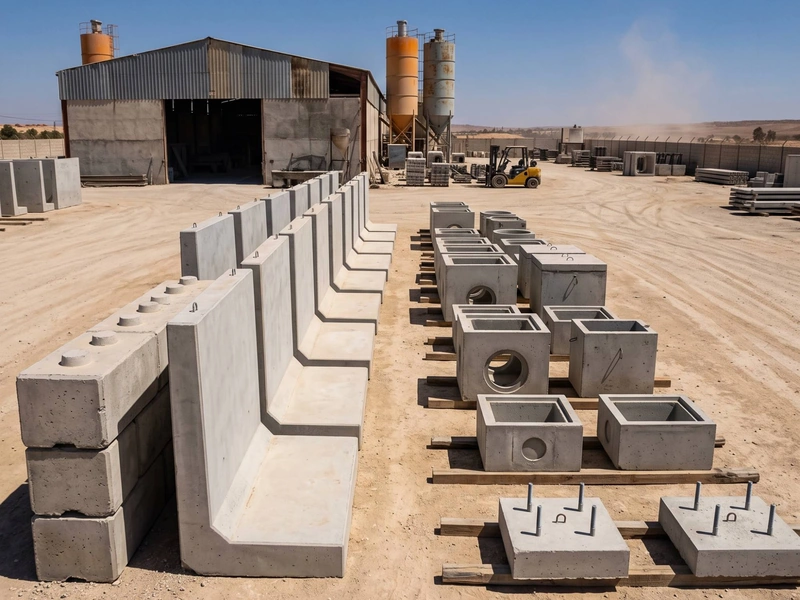 Murs de soutènement en L, blocs empilables, regards et massifs de fondation en béton préfabriqué, stockés sur un parc