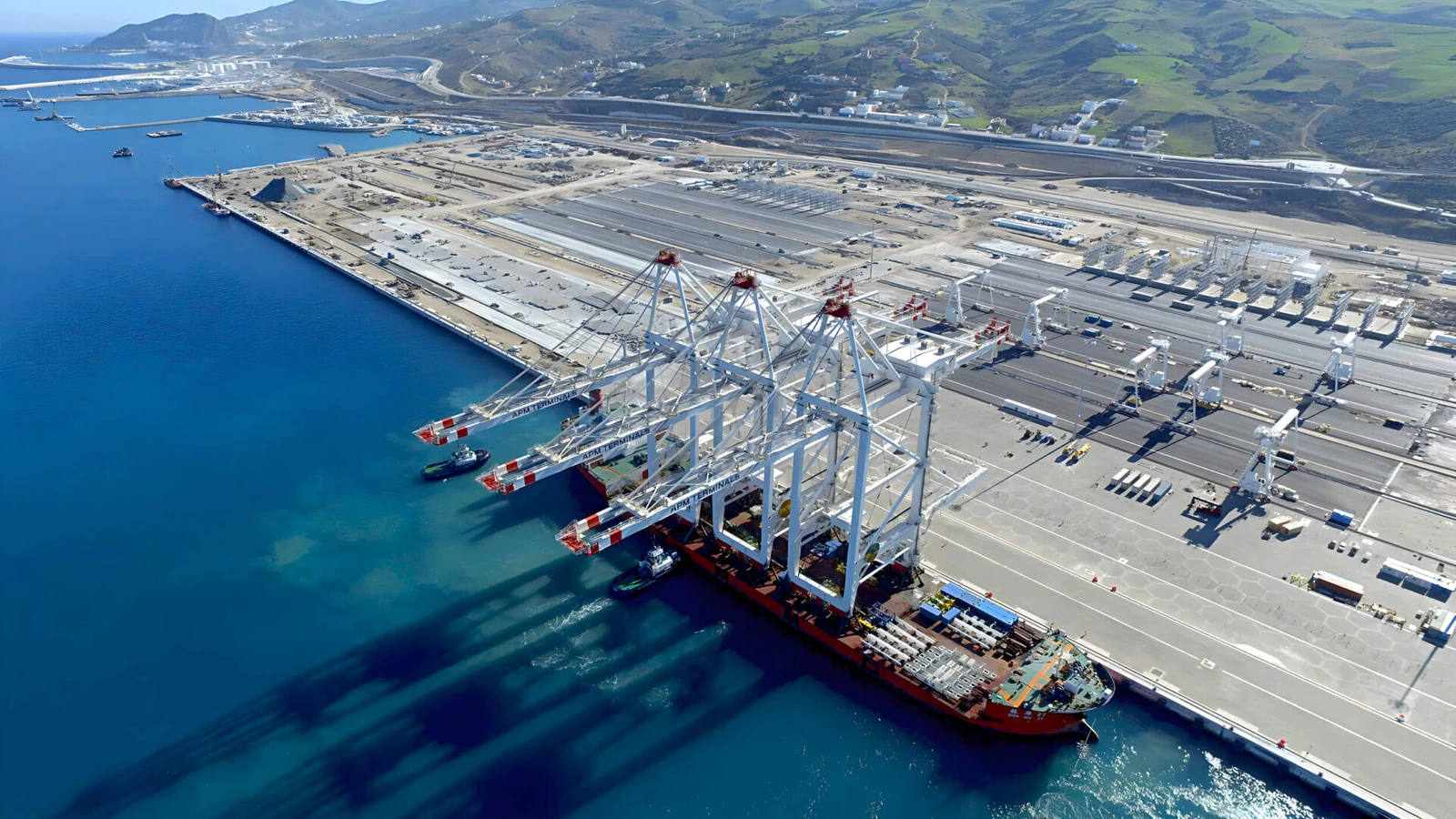 Vue aérienne d’un terminal à conteneurs : portiques et navire à quai